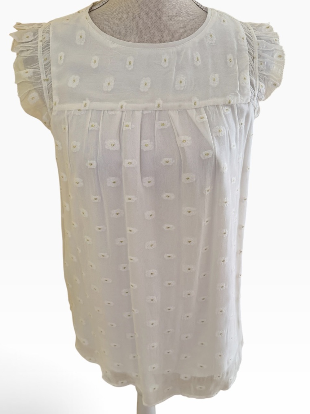 Loft White Eyelet with Gold Center Detail Ruffle Sleeve Blouse XS